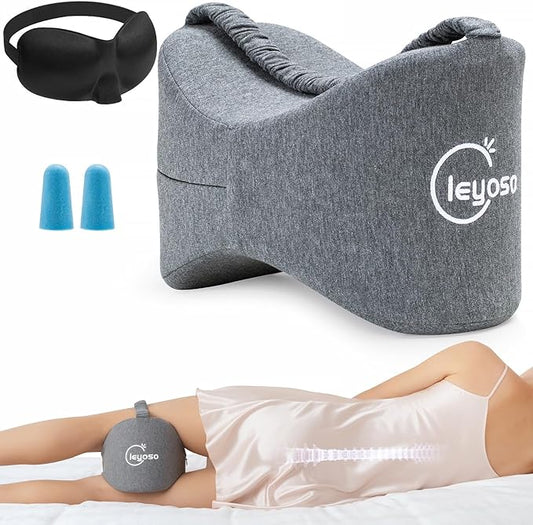 Side Sleepers Knee Leg Pillow Leg Pillow for Side Sleeping with Strap,100% Memory Foam Wedge Contour Spacer Cushion for Back, Hip Knee Pregnancy Sciatica Pain Relief Free Sleep Grey