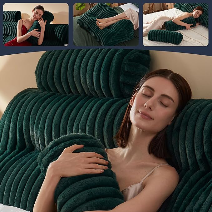 Faux Fur Headboard Pillow with 2 Pack Neck Roll Pillow Large Headboard Pillow Soft and Supportive with Removable Cover (Green, King)