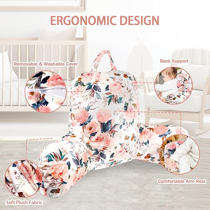 DILIMI Kid Reading Pillow, Back Support Pillow for Sitting in Bed, Soft Plush Bed Chair Sofa Pillow with Arms, Comfortable Rest Pillow for Kids & Teens, Pink Floral