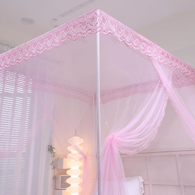 Bed Canopy, Princess Bed Curtain Net for Girls & Adults，Three-Doors Rectangle Lace Dome Netting (Baby Pink, Queen)