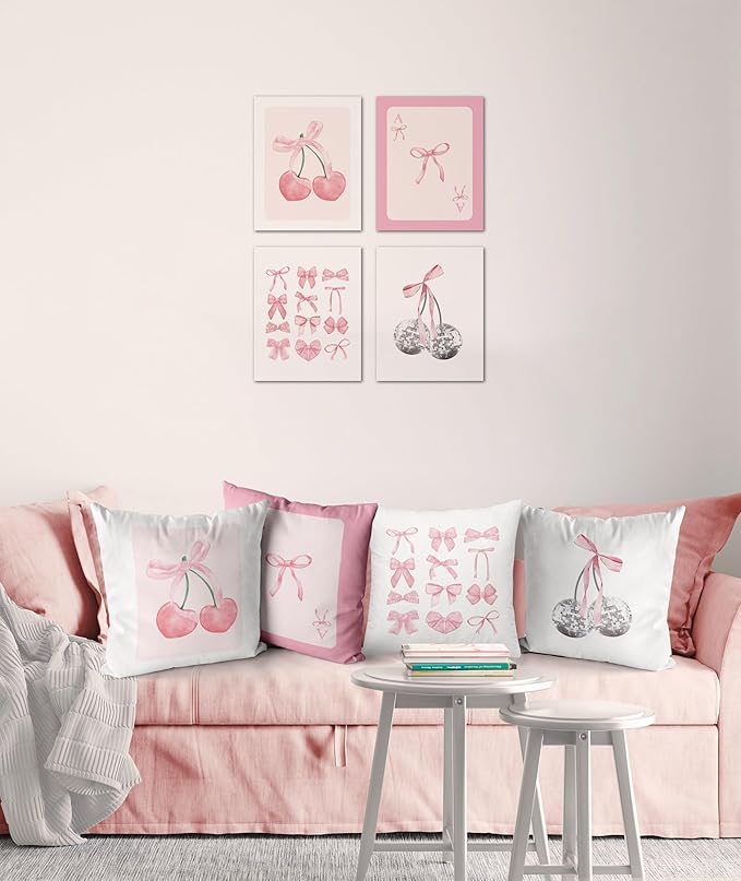 Pink Coquette Preppy Bedding Throw Pillow Covers, Preppy Trendy Aesthetic Cute Room Decor Pillows Cases, Pink Bow Cherry Disco Ball Pillowcases for Teen Sofa Dorm Girls Bedroom, 18x18 Set of 2