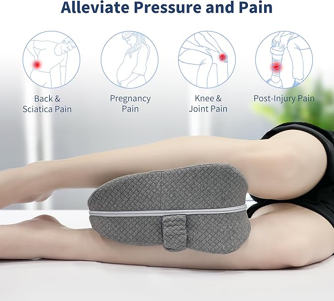 Knee Pillow for Side Sleepers Hip Pain, Between Knee Pillow for Side Sleepers with Strap, Sciatica Pain Relief Pillow Supports Back Pain, Ergonomic Leg Positioner Pillow with Washable Cover, Grey
