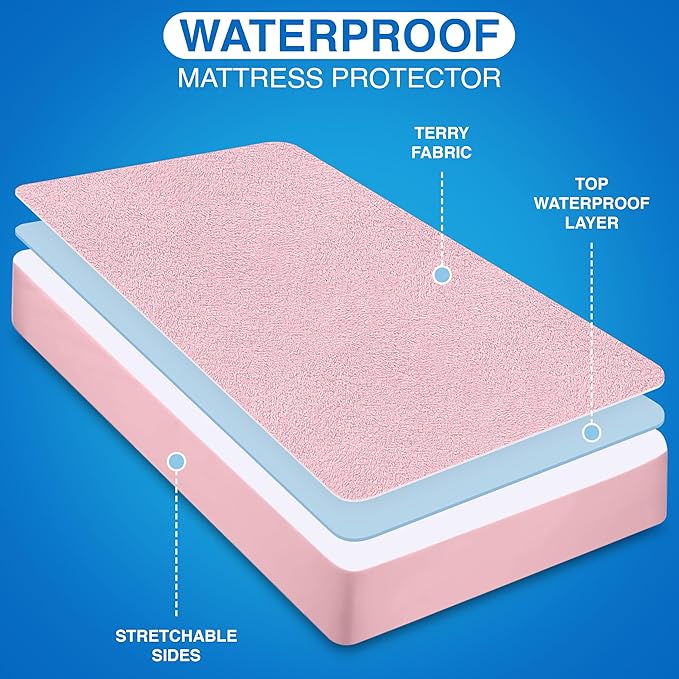 Utopia Bedding Waterproof Mattress Protector Twin Size, Premium Terry Mattress Cover 200 GSM, Breathable, Fitted Style with Stretchable Pockets (Pink)