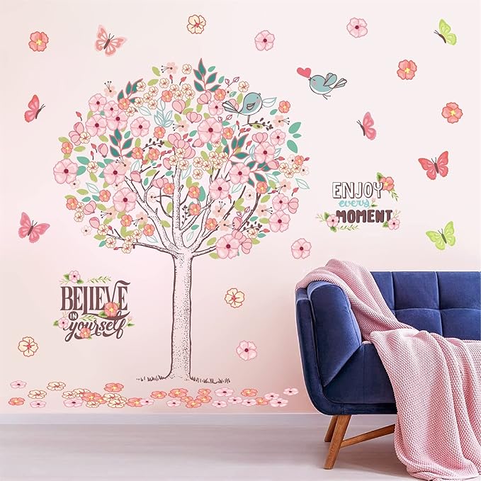 Large Pink Flowers Tree Wall Decals Spring Tree Wall Stickers Baby Girls Room Decor Believe Inspirational Quotes Wall Decals Peel and Stick Cherry Blossom Decals for Bedroom Nursery Living Room Decor