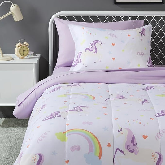 Amazon Basics Microfiber Kid's Bed-in-a-Bag 5 Piece Bedding Set, Twin, Unicorn Print