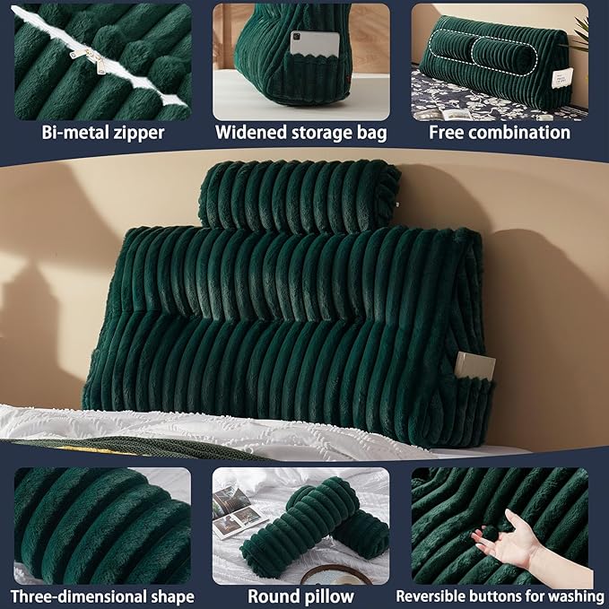 Faux Fur Headboard Pillow with 2 Pack Neck Roll Pillow Large Headboard Pillow Soft and Supportive with Removable Cover (Green, Twin)