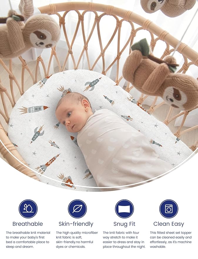 TotAha Premium Soft Space Bassinet Sheet for Boy Girl, Super Stretchy Jersey Knit Bassinet Fitted Sheet, Compatible with Halo, Maxi COSI, Mika Micky, SNOO, Baby Delight Mattress, 2 Pack