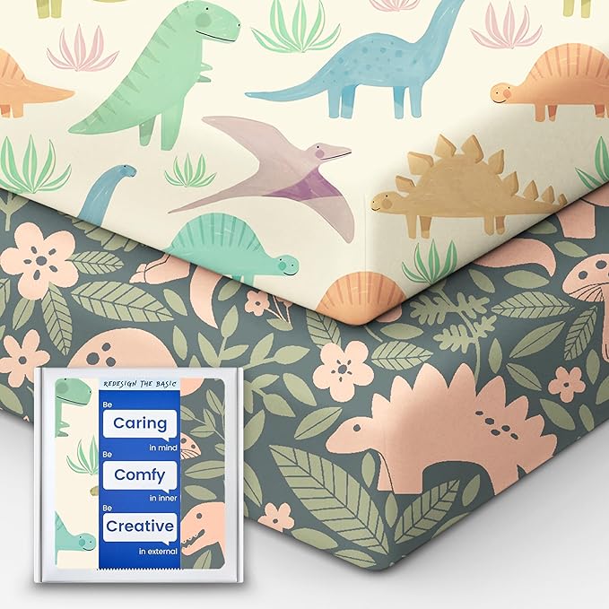 Dinosaur Crib Sheets for Boys, Premium Soft Crib Mattress Fitted Sheet, Ultra Breathable Baby Sheets, Super Stretchy Baby Bed Sheets 28x52x9 Extra Deep Pocket, 2 Pack
