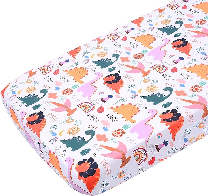 JISEN Baby Crib Sheet 1 Piece Portable Fitted Crib Sheet for Standard Crib and Toddler Mattresses Nursery Bed Decor for Boys Girls 28x52 Inch Multicolor Dinosaurs