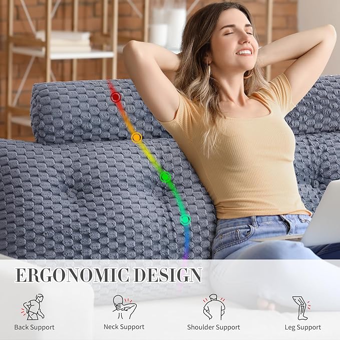 Wedge Headboard Pillow - Bed Wedge Pillow for Headboard Triangular Headboard Pillow with Neck Roll Pillow-Large Bolster Pillow for Sitting in Bed Backrest Positioning Support (Grey,39x8x20 Inches)