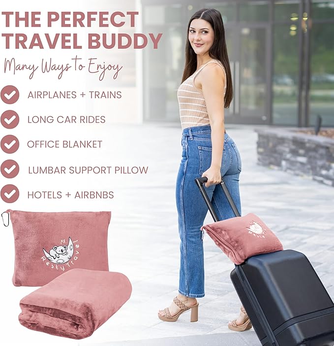 Resty Travel Blanket - Compact Airplane Blanket with Bag - Small and Lightweight Traveling Blanket & Pillow - Portable Blankets with Carabiner for Easy Transport - Plane Train Car (Pink)