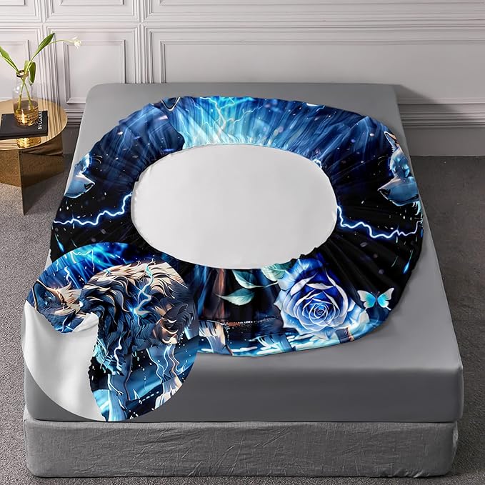 AILONEN Wolf Fitted Sheet Set Queen Size, Blue Lightning Wolf Butterfly Safari Wolf Bed Sheet Set,3 Pieces Teen Boys Sheet Set,Cool Wolf Fitted Sheet with 2 Pillowcases