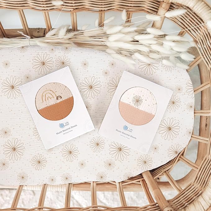 Muslin Bassinet Sheets Baby: Cotton Bassinet Sheets Fitted for Boys and Girls - Bassinet Sheets for Oval Rectangle or Hourglass Mattress(Nudepink Daisy)
