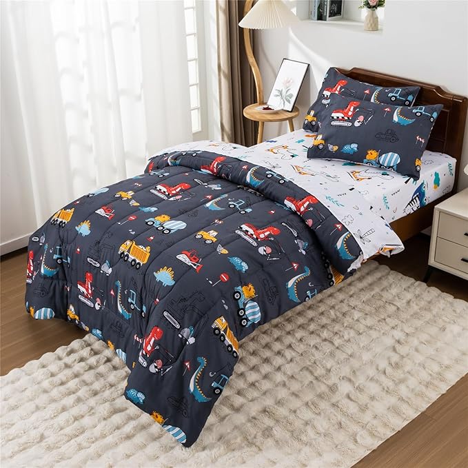 Meeting Story Construction Truck Car Twin Kid Comforter Set for Boys,5 Pieces Dinosaur Bedding Set with Sheets and Pillowcases，Excavator Lightweight Microfiber Bedding Sets（Grey，Twin5pcs）