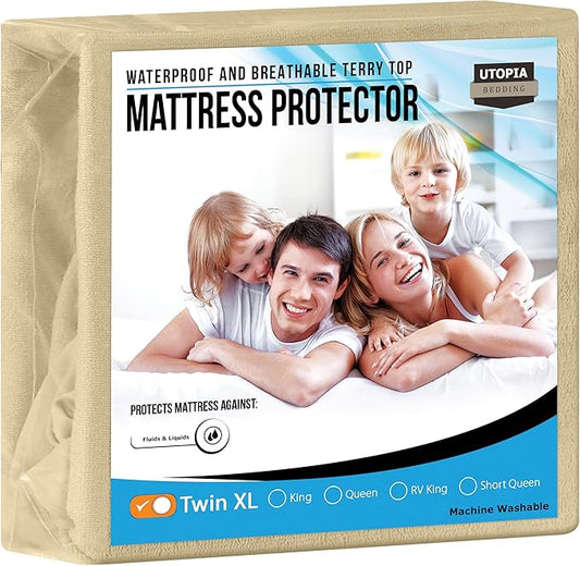 Utopia Bedding Waterproof Mattress Protector Twin XL Size, Premium Terry Mattress Cover 200 GSM, Breathable, Fitted Style with Stretchable Pockets (Beige)