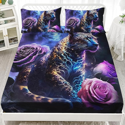 AILONEN Leopard Fitted Sheet Set Queen Size, Purple Flower and Cheetah Bed Sheet Set Leopard Print Fitted Sheet with 2 Pillowcases,3 Pieces Leopard Sheets Set for Boys Girls