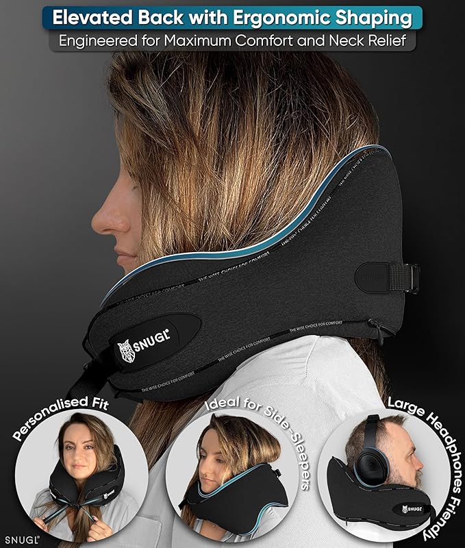 SNUGL Neck Travel Pillow - Memory Foam Airplane Pillow - Flight Pillow | Neck Support Travel Pillow with Carry Bag & Clip | Neck Pillows for Sleeping Travel Plane | Flying Travel Essentials - Black