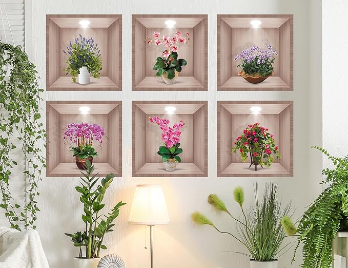 DTLIFEK 3D Green Plants Wall Decals 3D Flowers Vase Wall Sticker Green Pot Plants Wall Decor Colorful Floral Blossom Botanical Wall Panels Removable Peel and Stick Wallpaper for Bedroom Kitchen 39090