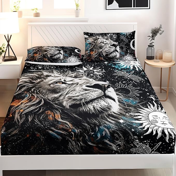 AILONEN Lion Print Queen Size Fitted Sheet Set for Boys, Sun and Moon Bed Sheet Cover Set Queen,3 Pieces Black and White Sheet Set Queen Galaxy Lion Fitted Sheet with 2 Pillowcases