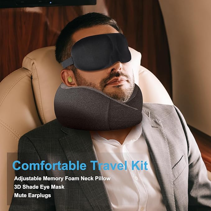 MULIHOMI™ New Packaging Updated Travel Pillow for Airplane with 100% Memory Foam, 360° Adjustable Full Surrounding Flying Neck Pillows, Travel Pillow Set with 3D Eye Masks, Earplugs (Black)