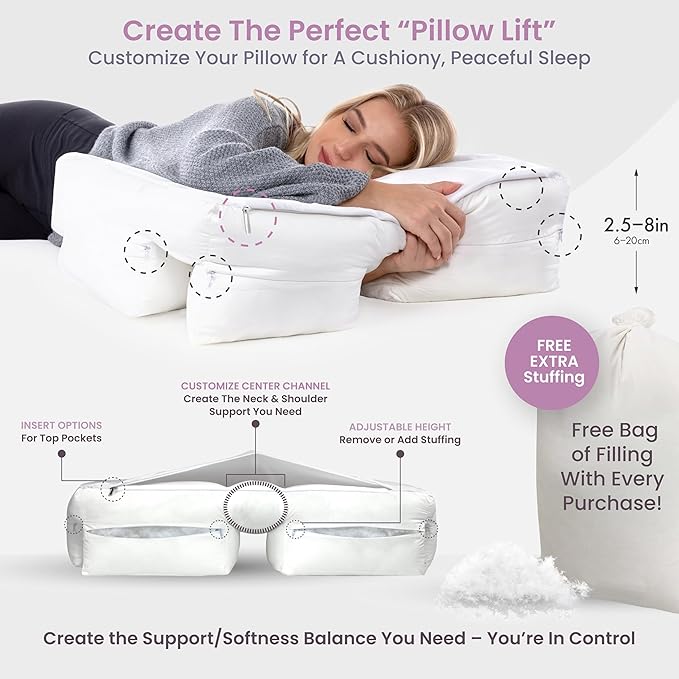 Medium Soft Support. Ergonomic Arm Holes Positioner. Bed Side Sleeper. Cervical Neck, Shoulder & Rotator Cuff Pain Relief. Fully Adjustable. Down Alternative Siliconized Fiber Fill