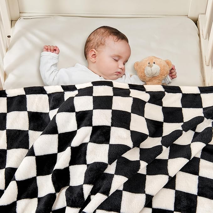 Checkered Baby Blanket Fleece Baby Blankets for Boys Girls, Ultra Soft Cozy Fluffy Infant Toddler Newborn Receiving Blankets for Crib Stroller, 30''x40'', Black