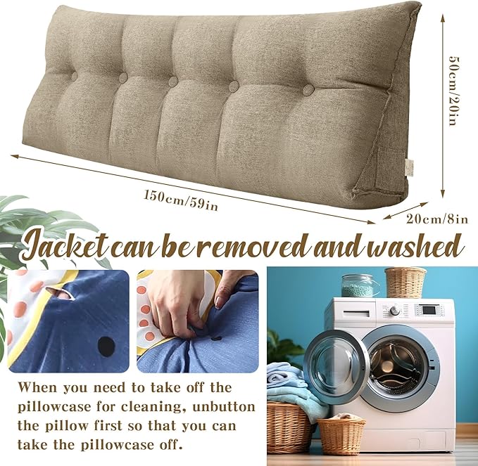 Wenqik Wedge Pillow Triangular Dorm Headboard Bed Rest Reading Backrest Back Support Long Bolster Pillow with Removable Cover for Dorm Room Supplies(Khaki Gray,Queen (59 x 20 x 8 Inch))