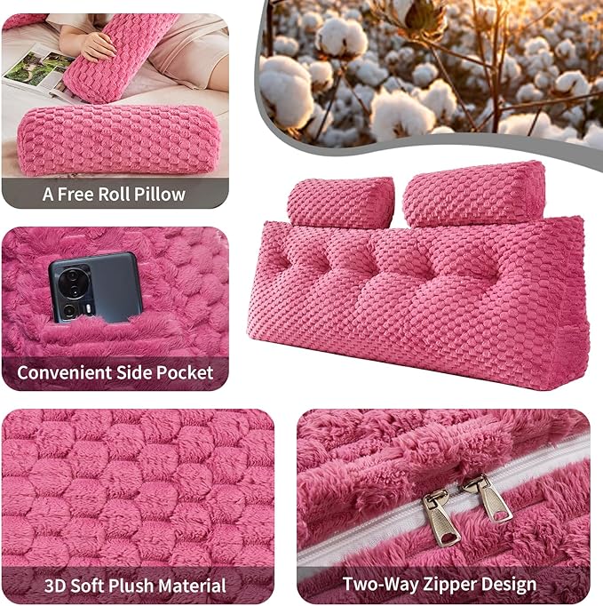 Wedge Headboard Pillow - Bed Wedge Pillow for Headboard Triangular Headboard Pillow with Neck Roll Pillow-Large Bolster Pillow for Sitting in Bed Backrest Positioning Support (Fushia,76x8x20 Inches)