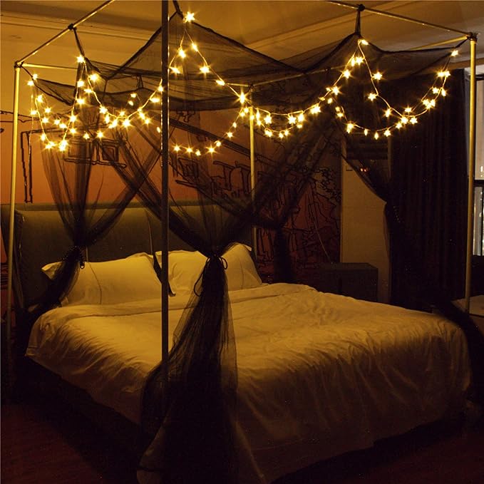 8 Corner Bed Canopy with 100 LED Star String Lights Battery Operated, Bed Netting Unique Style 4 Door Square Canopy Bed Curtains Canopy - Suggested for Twin Full Queen King Bed