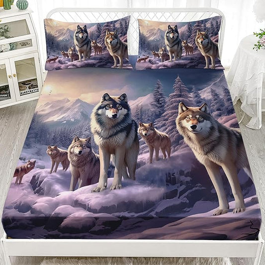 AILONEN Snow Wolf Fitted Sheet Set Full Size, Winter Sunset Wildlife Wolf Bed Sheet Set for Boys Girls Adults,Safari Wolves Print Fitted Sheet with 2 Pillowcases,3 Pieces
