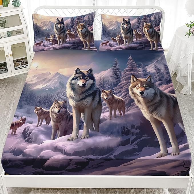 AILONEN Snow Wolf Fitted Sheet Set Queen Size, Winter Sunset Wildlife Wolf Bed Sheet Set for Boys Girls Adults,Safari Wolves Print Fitted Sheet with 2 Pillowcases,3 Pieces