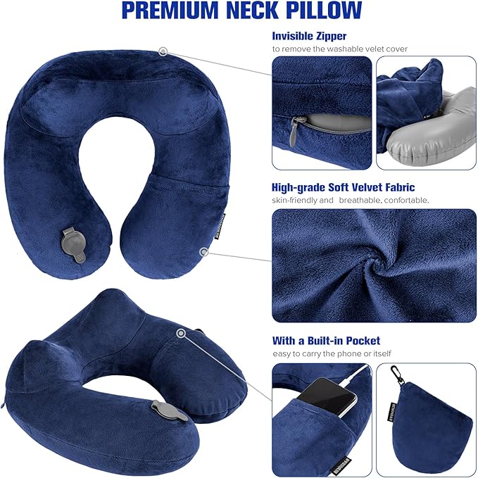 Rewondah Inflatable Travel Pillow for Sleeping Airplane - Inflatable Neck Pillow for Traveling on Plane with Washable Cover, Blow up Neck Travel Pillow for Airplanes, Cars - Portable and Comfortable