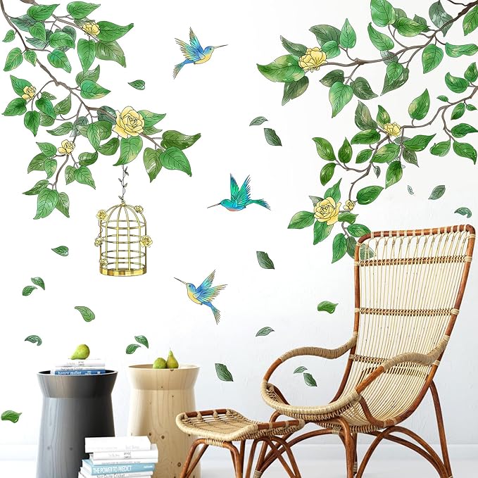 Amaonm Removable PVC Two Tree Branches With Green Leaves wall Sticker DIY Peel and Stick Flower and Birds Wall Decals Decor for Kids Girls Boys Bedroom Living Room Nursery Classroom Playroom Wall Background Decoration