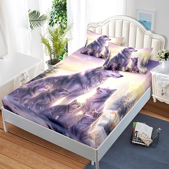 AILONEN Wolf Fitted Sheet Set Twin Snow Wolf Bed Sheet Set, Wolfmother and Wolf Pups Theme Bedding Set 3 Pieces Wildlife Wolf Sheet Set for Boys Girls,1 Fitted Sheet with 2 Pillowcases