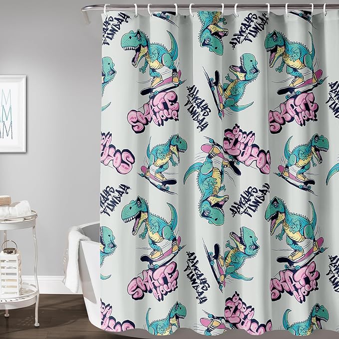 AILONEN Cute Dinosaur Kids Shower Curtain,Sport Cool Dinosaur Bath Curtain Gifts for Boys Teens,Skate Dinosaur Polyester Waterproof for Bathroom with 12 Plastic Hooks 36" W*72" H