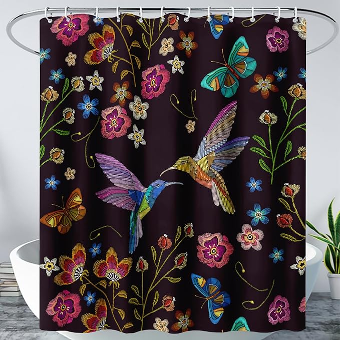 AILONEN Retro Hummingbird Shower Curtain,Wild Floral Flower Bathroom Decor with 12 Plastic Hooks,Bird Butterfly Vintage Black Curtains,Modern Bedroom Decor Gifts for Girls Teen Adult 72" W*78" H