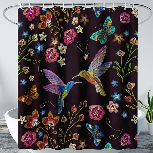AILONEN Retro Hummingbird Shower Curtain,Wild Floral Flower Bathroom Decor with 12 Plastic Hooks,Bird Butterfly Vintage Black Curtains,Modern Bedroom Decor Gifts for Girls Teen Adult 72" W*78" H