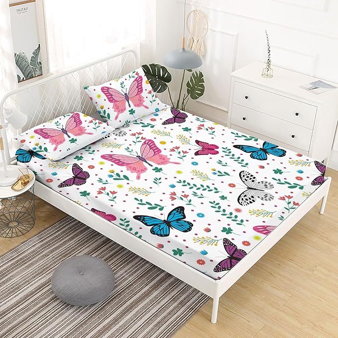 Butterfly Fitted Sheet Set for Kids Girls Teens Colorful Flowers Leaves Bed Sheet Queen Size 3D Print Dreaming Style Sheet Set 3 Piece