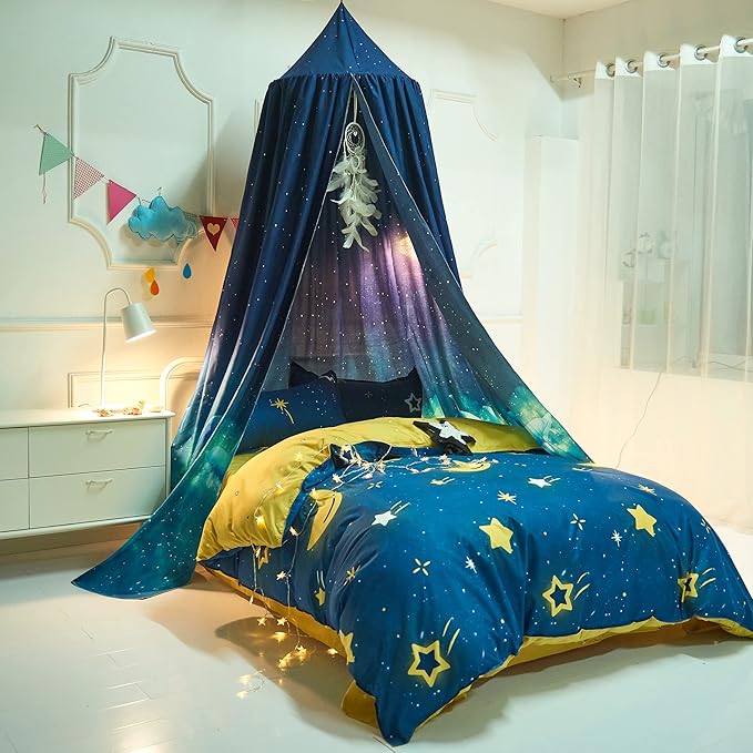 Mengersi Bed Canopy for Boys Kids,Starry Sky Gradient Reading Nook Castle Hanging House Princess Castle Bedroom Decoration (Dark Blue)