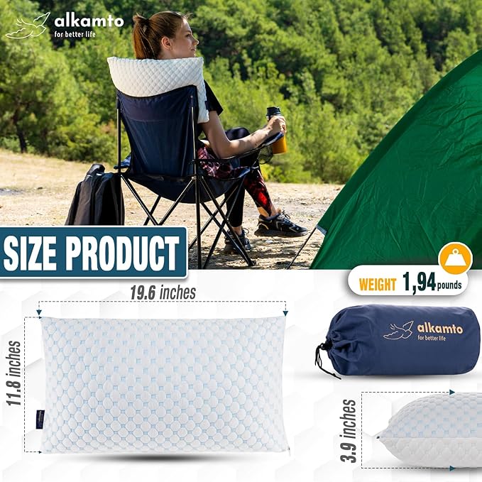 Cooling Shredded Memory Foam Pillow for Travel and Camping – Adjustable Gel for Personalized Support – Double-Sided Ice Silk & Soft Rayon – Lightweight, Compressible