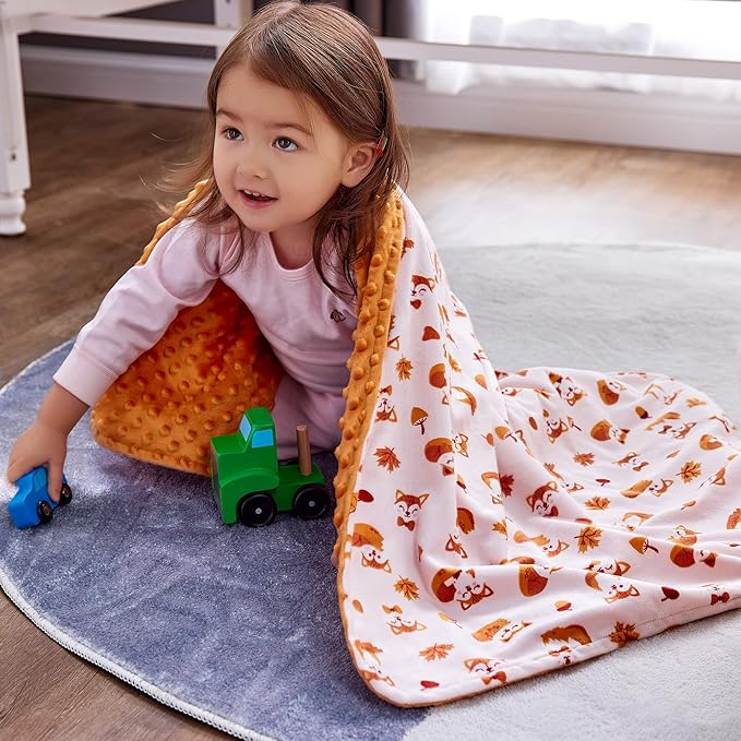 DaysU Silky Micro Soft Plush Baby Blankets Unisex with Print Animal Pattern and Soothing Raised Dots, Double Layer Bed Throws for Baby Crib, Fox, Orange, 30x40 Inches