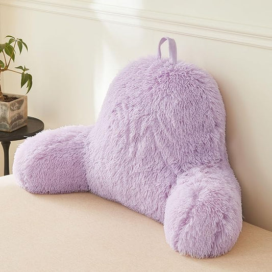 XeGe Fluffy Back Support Pillow Cover for Bed (No Filler), Light Purple Faux Fur Backrest Pillow Case, Lilac Furry Reading Pillow Cover with Arms for Adults Kids, Fuzzy Sit Up Study Pillow, Lavender