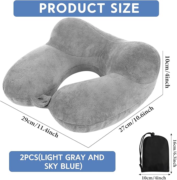 Sintuff 2 Pack Inflatable Travel Pillow for Airplanes Inflatable Neck Pillows with Compact Bag and Blindfold Soft Flight Pillow for Traveling, Airplane, Train, Car, Office(Light Gray and Sky Blue)