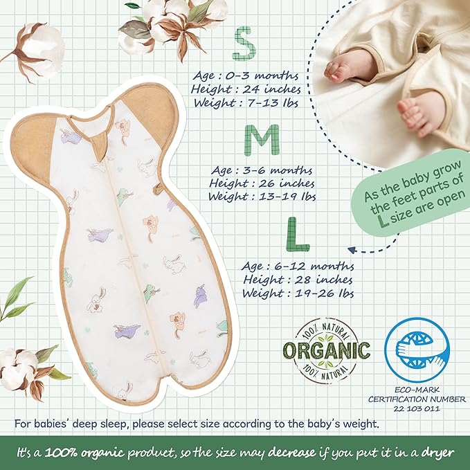Organic Breathable Swaddle, Air Mesh for Feverish Babies, 0-3 Months, Up-Arm Sleep Position, (Small 7-13 lbs | Rabbit)