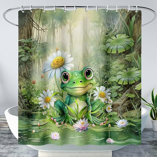 AILONEN Cartoon Frog Shower Curtain,Green Frog with Daisy Bath Curtain Set for Kids Boys Girls,Tropical Amphibian Waterproof Fabric Shower Curtain,Nature Shower Curtain for Bathroom,72" W*72" H