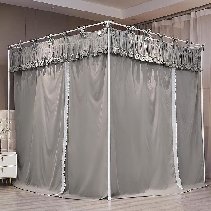 Ruffle Lace up 4 Corners Post Princess Curtain Bed Canopy Cozy Breathable Mosquito Net Cloth for Girls Adults Bedroom Decoration (Grey, 64" W*82" L*82" H/Queen)