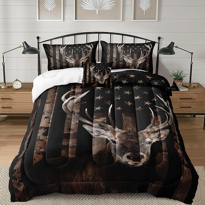Bedbay American Flag Bedding Set California King Comforter Bed Set Deer Hunting Hunter Bedroom Decor for Men Wild Animal Camo Duvet Insert 4 Pcs Soft Lightweight Comforter Quilt Set (Deer,Cal-King)