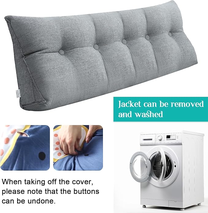 Wenqik Wedge Pillow Triangular Dorm Headboard Bed Rest Reading Backrest Back Support Long Bolster Pillow with Removable Cover for Dorm Room Supplies(Gray,Queen (59 x 20 x 8 Inch))