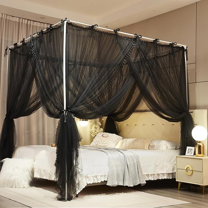 4 Corners Post Princess Curtain Bed Canopy Lace Up Double Layer 4 Opening Mosquito Net Mesh for Girls Bedroom Decoration(Black, 59" W*82" L*82" H/Queen)
