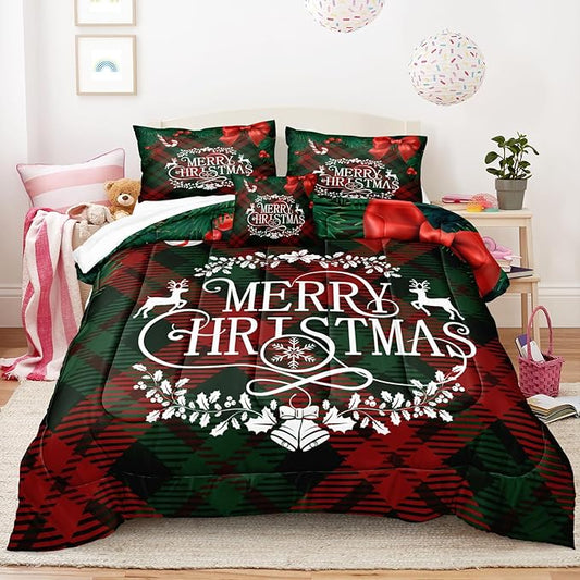 Bedbay Christmas Comforter Set King Size Bedding Set Xmas Bow Buffalo Checkered 4 Pieces Christmas Bedding Set 1 Comforter 2 Pillowcases 1 Cushion Cover(Red Green,King)